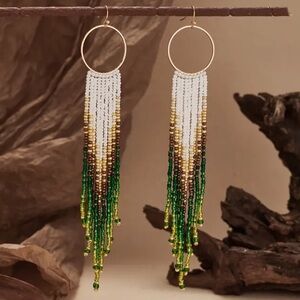 Green Boho Seed Bead Fringe Earrings